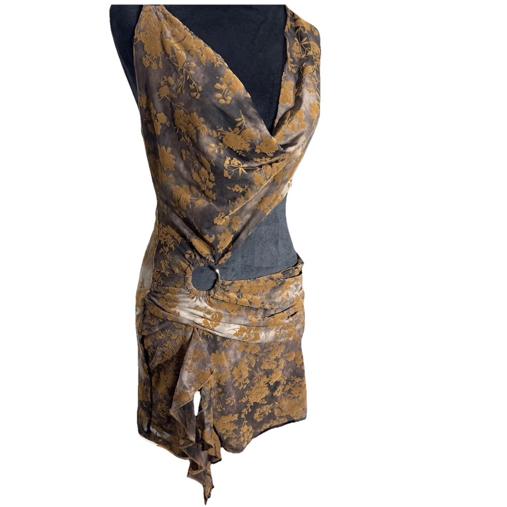 Blanc Halter Cut Out Dress Burnout Velvet Brown Fairy Grunge Club Evening Mini